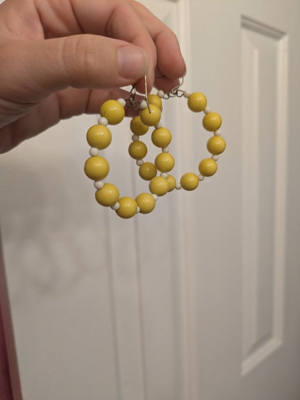 Yellow and white beaded hoop earrings art deco mid mod
